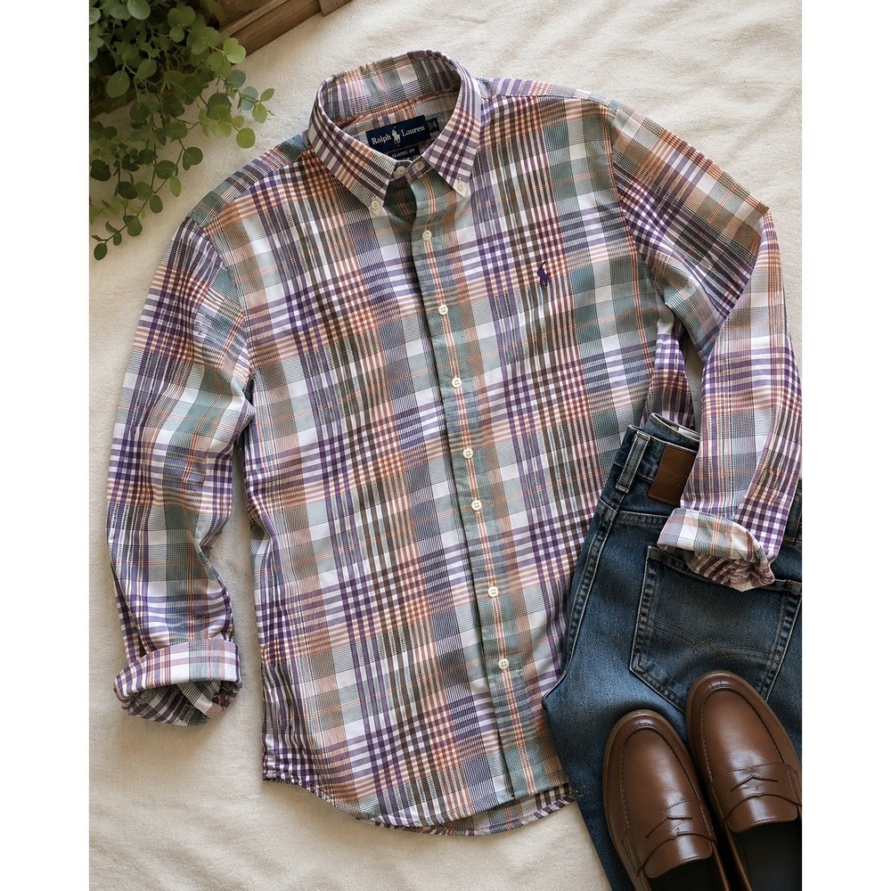 Ralph Lauren Classic Fit Plaid Button Down Shirt Men 16.5 L Green Multi Cotton‎
